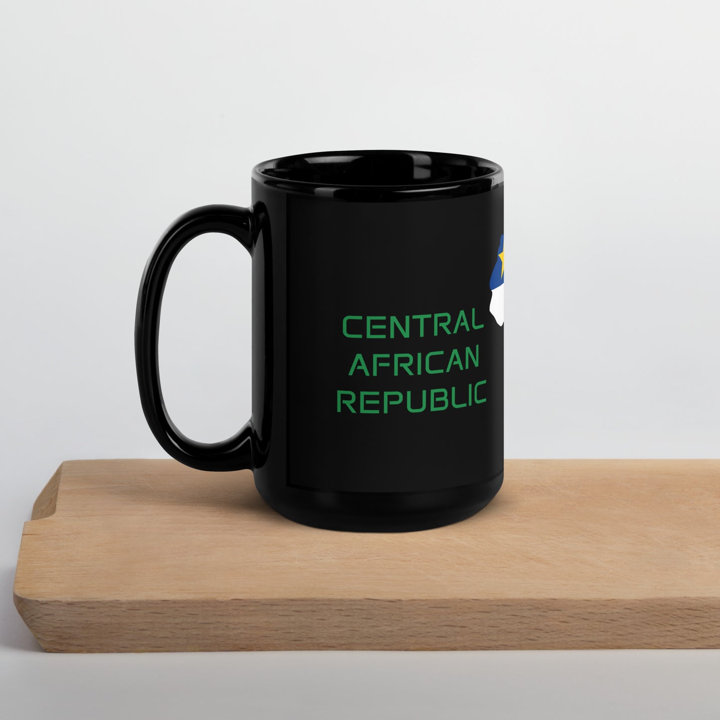 Central African Republic flag ceramic mug showing handle and print detail.
