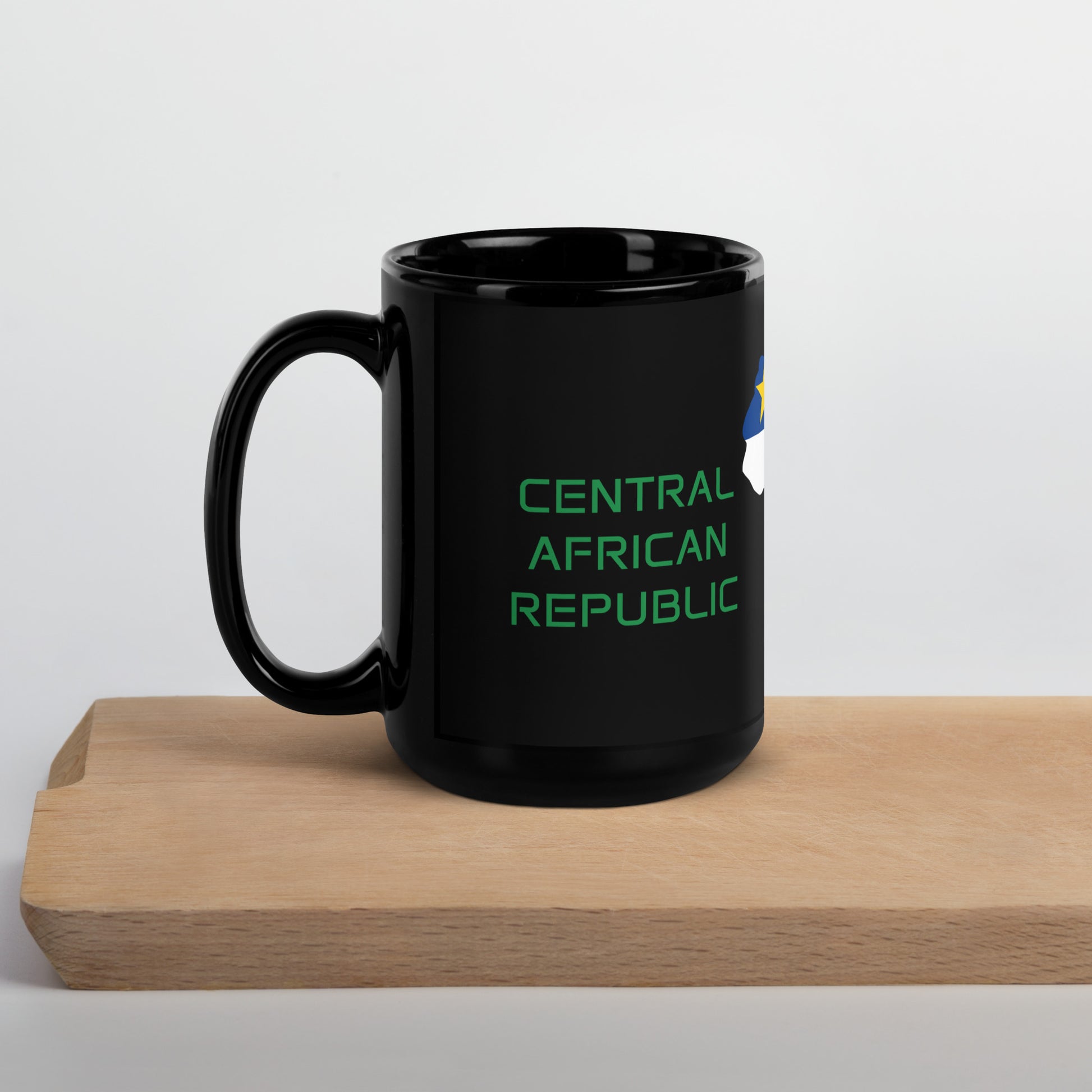 Central African Republic flag ceramic mug showing handle and print detail.
